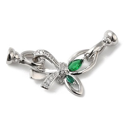 Rack Plating Brass Micro Pave Clear Cubic Zirconia Fold Over Clasps, with Green Glass, Cadmium Free & Lead Free, Long-Lasting Plated, Butterfly