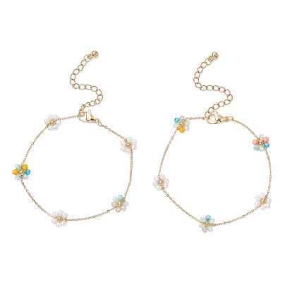 Браслеты из искусственного жемчуга из стекла и АБС-пластика, 304 браслеты из нержавеющей стали с цепочками для женщин, цветок