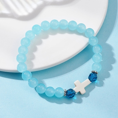 Круглые эластичные браслеты из искусственного нефрита, окрашенные распылением, крестик, с синтетической бирюзой и бусинами из сплава