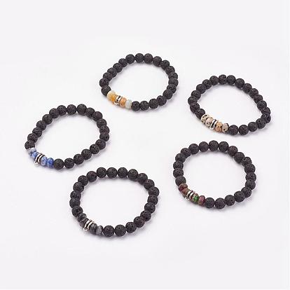 Gemstone & Lava Rock Stretch Bracelets, with Alloy Finding