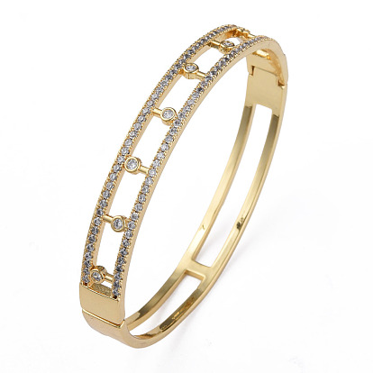 Cubic Zirconia Hollow Hinged Bangle, Real 18K Gold Plated Brass Jewelry for Women