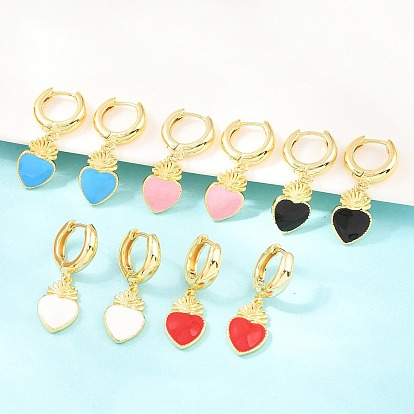Латунные серьги-кольца ко Дню святого Валентина, с эмалью, святое сердце, без кадмия и без свинца, долговечный, стойки покрытие, реальный 18 k позолоченный
