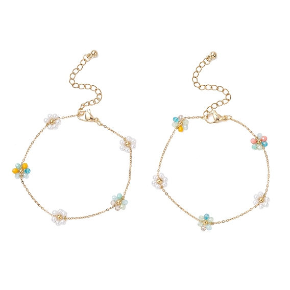 Браслеты из искусственного жемчуга из стекла и АБС-пластика, 304 браслеты из нержавеющей стали с цепочками для женщин, цветок