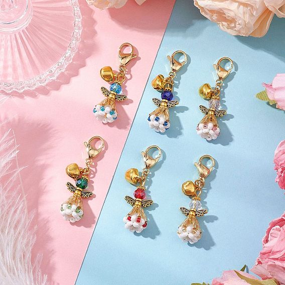 Подвесные украшения из стеклянных бусин и сплава в виде ангела, с железными колокольчиками, застежка-лобстер для украшений на сумке, античный золотой и золотой