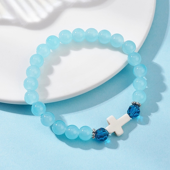 Круглые эластичные браслеты из искусственного нефрита, окрашенные распылением, крестик, с синтетической бирюзой и бусинами из сплава