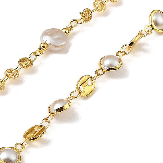 Латунные цепные цепи, с ABS имитации жемчуга, несварные, с катушкой, плоско-круглые