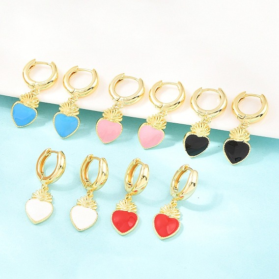 Латунные серьги-кольца ко Дню святого Валентина, с эмалью, святое сердце, без кадмия и без свинца, долговечный, стойки покрытие, реальный 18 k позолоченный