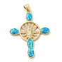 Rack Plating Brass Micro Pave Cubic Zirconia with Synthetic Opal Pendants, with Jump Ring, Lead Free & Cadmium Free, Long-Lasting Plated, Cross with Saint