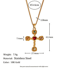 316 Подвеска-крест в виде розы из хирургической нержавеющей стали с инкрустацией разноцветными кубическими циркониями для женщин