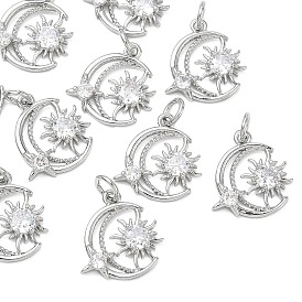 SHEGRACE Valentine's Day Brass Clear Cubic Zirconia Pendants, Moon & Sun Charms, Cadmium Free & Lead Free & Nickel Free