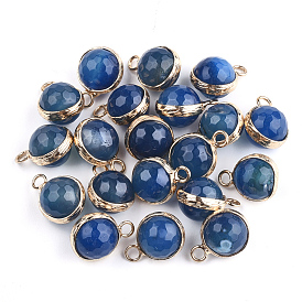 Natural Agate Pendants, with Brass Findings, Cadmium Free & Nickel Free & Lead Free, Faceted, Dyed, Round, Golden