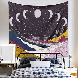 Polyester Mountain Pattern Wall Hanging Tapestry, Rectangle Bohemian Style Moon Phase Tapestry for Bedroom Living Room Decoration