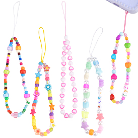 5Pcs 5 Style Plastic Beaded Mobile Straps, Heart & Star & Butterfly & Flat Round