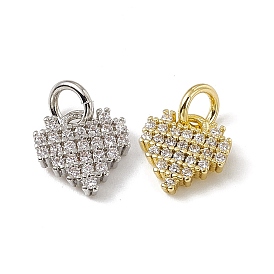 Brass Micro Pave Clear Cubic Zirconia Heart Charms, with Open Jump Rings