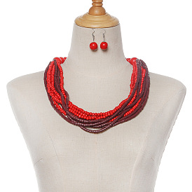 Комплекты из деревянных подвесных сережек и многослойных ожерелий, круглые