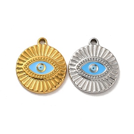 Ion Plating(IP) 304 Stainless Steel Enamel Pendants, Flat Round with Evil Eye Charm