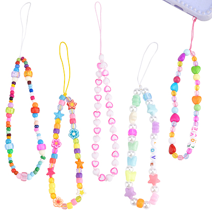 5Pcs 5 Style Plastic Beaded Mobile Straps, Heart & Star & Butterfly & Flat Round