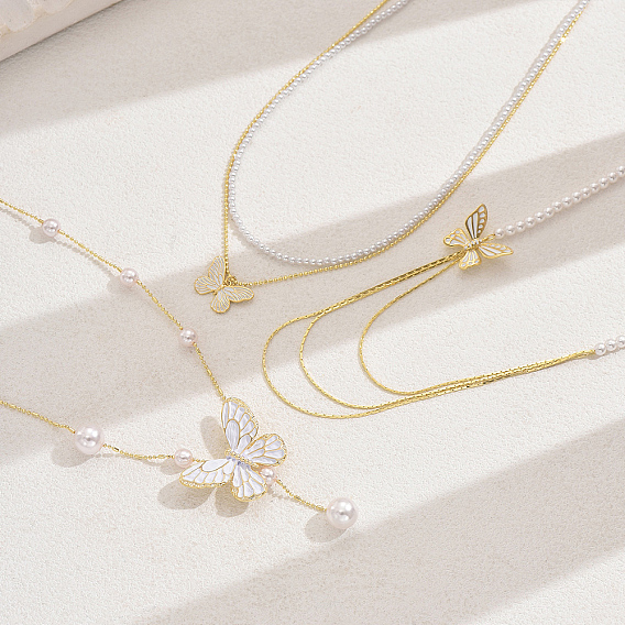 Элегантные латунные эмалевые бабочки с имитацией жемчуга двухслойные y-образные ожерелья для женщин