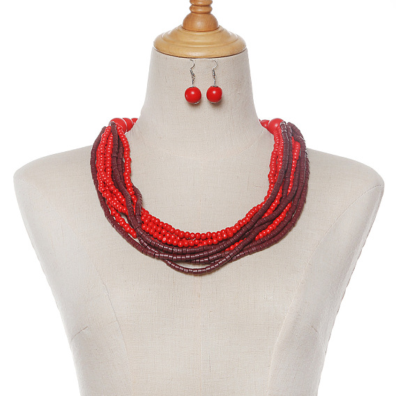 Комплекты из деревянных подвесных сережек и многослойных ожерелий, круглые