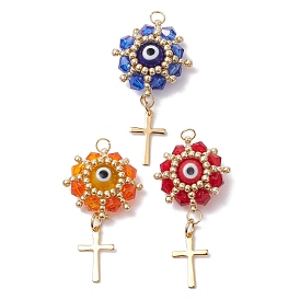 3Pcs 3 Colors Glass Seed Beaded Evil Eye Pendants, with Real 18K Gold Plated 304 Stainless Steel Jump Rings & Golden Cross Charm & Handmade Lampwork Bead & Faceted Glass Beads