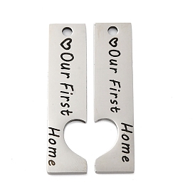 Anti-Tarnish 201 Stainless Steel Big Pendants, Couple Charms, Rectangle with Word Our First Home