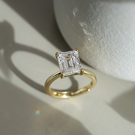 925 Anillos de dedo ajustables de circonita cúbica transparente con micro pavé de plata esterlina para mujer, Rectángulo