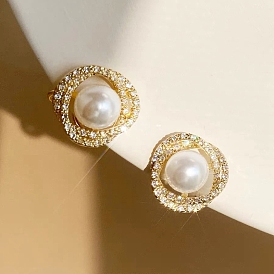 Alloy Rhinestone Earrings for Women, Imitation Pearl Beads Stud Earrings, with 925 Sterling Silver Pin