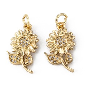 Brass Micro Pave Clear Cubic Zirconia Pendants, Long-Lasting Plated, Sunflower