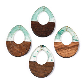 Transparent Resin & Walnut Wood Pendants, with Glitter Powder, Hollow Teardrop Charms