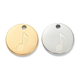 304 Stainless Steel Charms, Flat Round with Music Note
