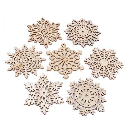 Undyed Natural Wooden Big Pendants, Laser Cut, Snowflake