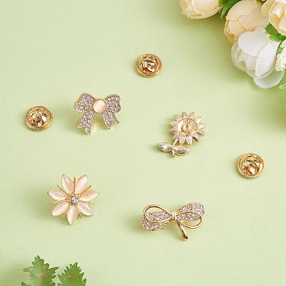4Pcs 4 Style Crystal Rhinestone Bowknot & Sunflower Brooches, Gold Plated Alloy Badges for Backpack Clothes
