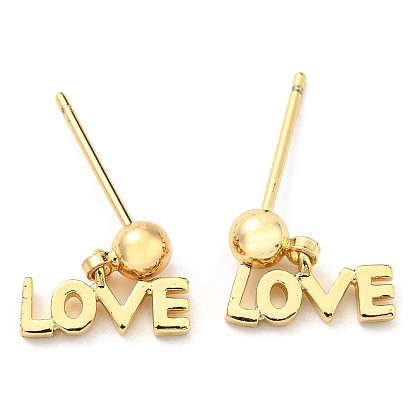 Rack Plating Brass Word Love Dangle Stud Earrings, Cadmium Free & Lead Free, Long-Lasting Plated