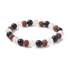 Bracelets extensibles en perles de bois naturel, de sélénite et d'obsidienne sans yeux