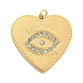 304 Stainless Steel Rhinestone Pendants, Heart with Eye Charms, with Jump Rings