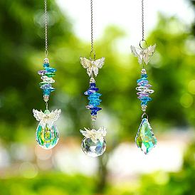 Glass Teardrop Pendant Decorations, Hanging Suncatchers, with Metal Butterfly, for Garden Window Decoration