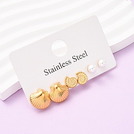 3 пары в форме ракушки 304 серьги-гвоздики из нержавеющей стали, с ABS имитации жемчуга, ионное покрытие (ip)