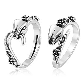 2Pcs 2 Style Alloy Snake with Rose Open Cuff Rings Set, Adjustable Rings for Women