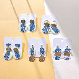  Retro gold foil blue and white series soft clay earrings geometric exaggerated long clay earrings women's high-end earrings