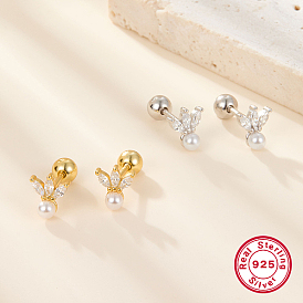 925 Sterling Silver Micro Pave Cubic Zirconia Flower Stud Earrings, with Natural Pearl and 925 Stamp