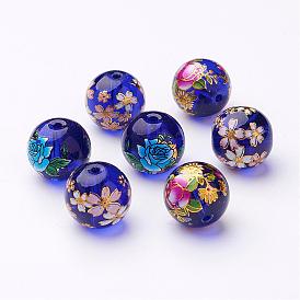 Flower Picture Transparent Glass Round Beads, 14x13mm, Hole: 1.5mm