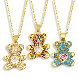 Colorful Zircon Inlaid Bear Pendant Necklace - Minimalist Sweater Chain Jewelry.