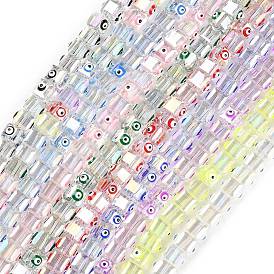 Chapelets de perles en verre transparentes  , avec l'émail, de couleur plaquée ab , carré avec mauvais œil