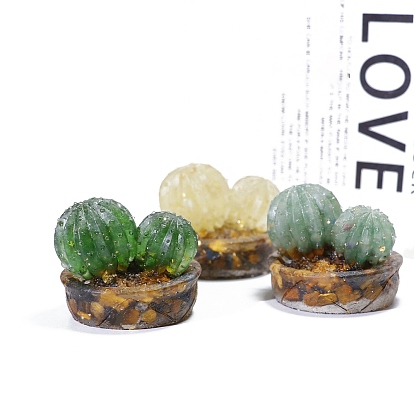 Resin Ball Cactus Display Decoration, with Natural Gemstone Chips inside Statues for Home Office Decorations
