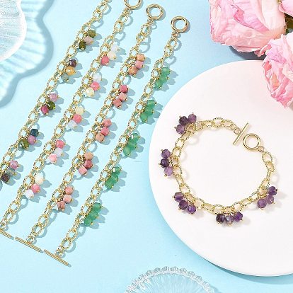Natural Mixed Gemstone Faceted Cube Beads Tassel Brass Textured Cable Chain Bracelets for Women, Golden