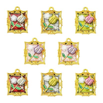 8 шт. 4 подвески из сплава золота и смолы разных цветов, Прямоугольник с цветком, с ABS имитации жемчуга