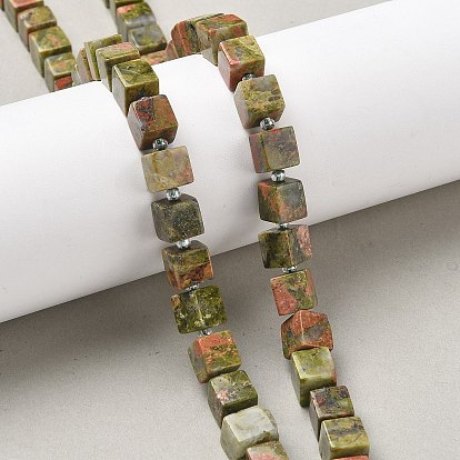 Natural Unakite Beads Strands, Cube, with Seed Beads