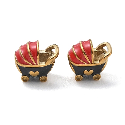 304 Stainless Steel Enamel Pendants, Baby Carriage with Heart Charms, Ion Plating(IP)