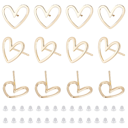 16шт. латунные серьги-гвоздики фурнитура, сердце, с 40 пластиковыми ушными гайками