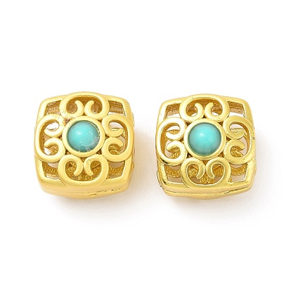 Rack Plating Brass Beads, with Resin Beads, Long-Lasting Plated, Lead Free & Cadmium Free, Square with Flower